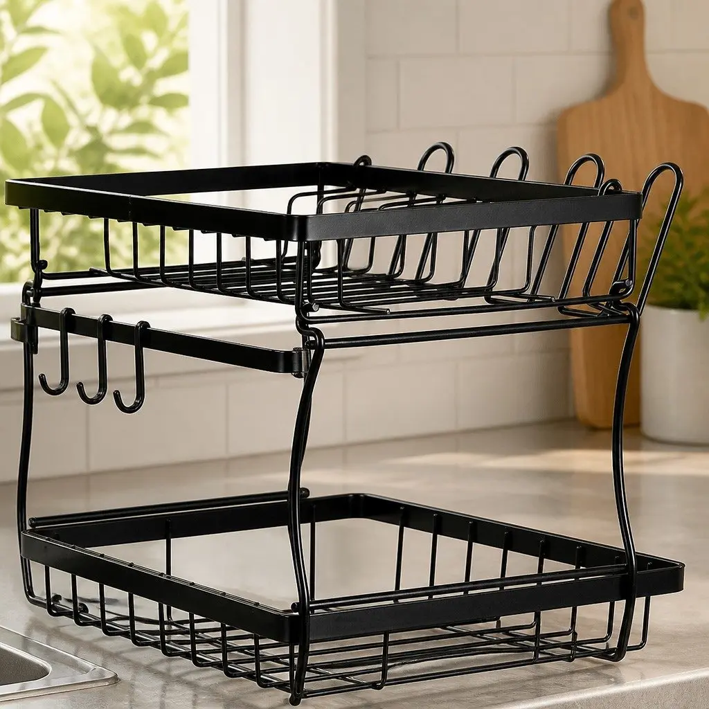2 Tier Dish Drying Rack with Cutlery Holder Removable Sections Large Capacity