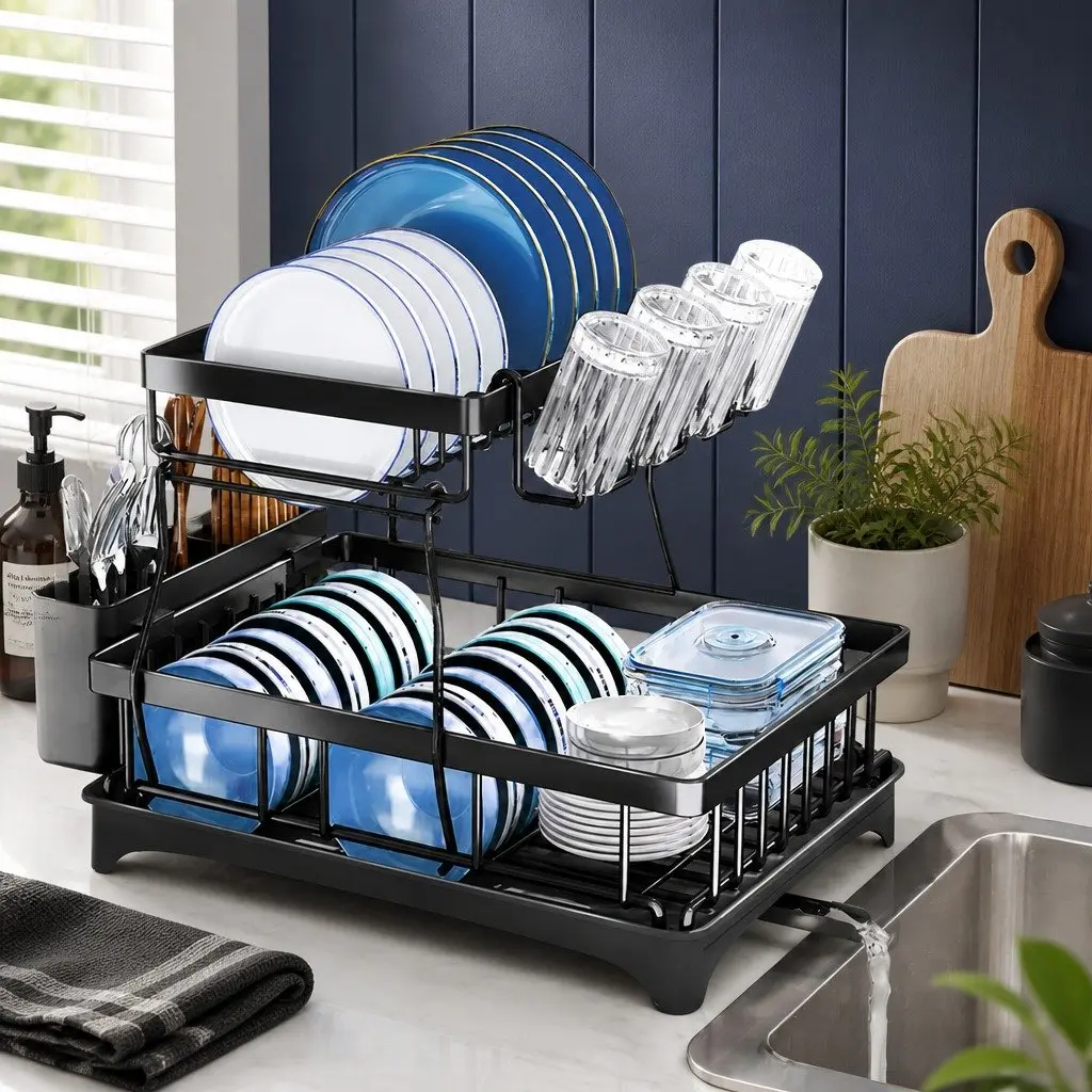 2 Tier Dish Drying Rack with Cutlery Holder Removable Sections Large Capacity