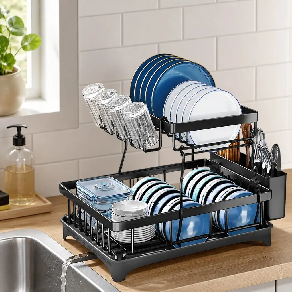 2 Tier Dish Drying Rack with Cutlery Holder Removable Sections Large Capacity