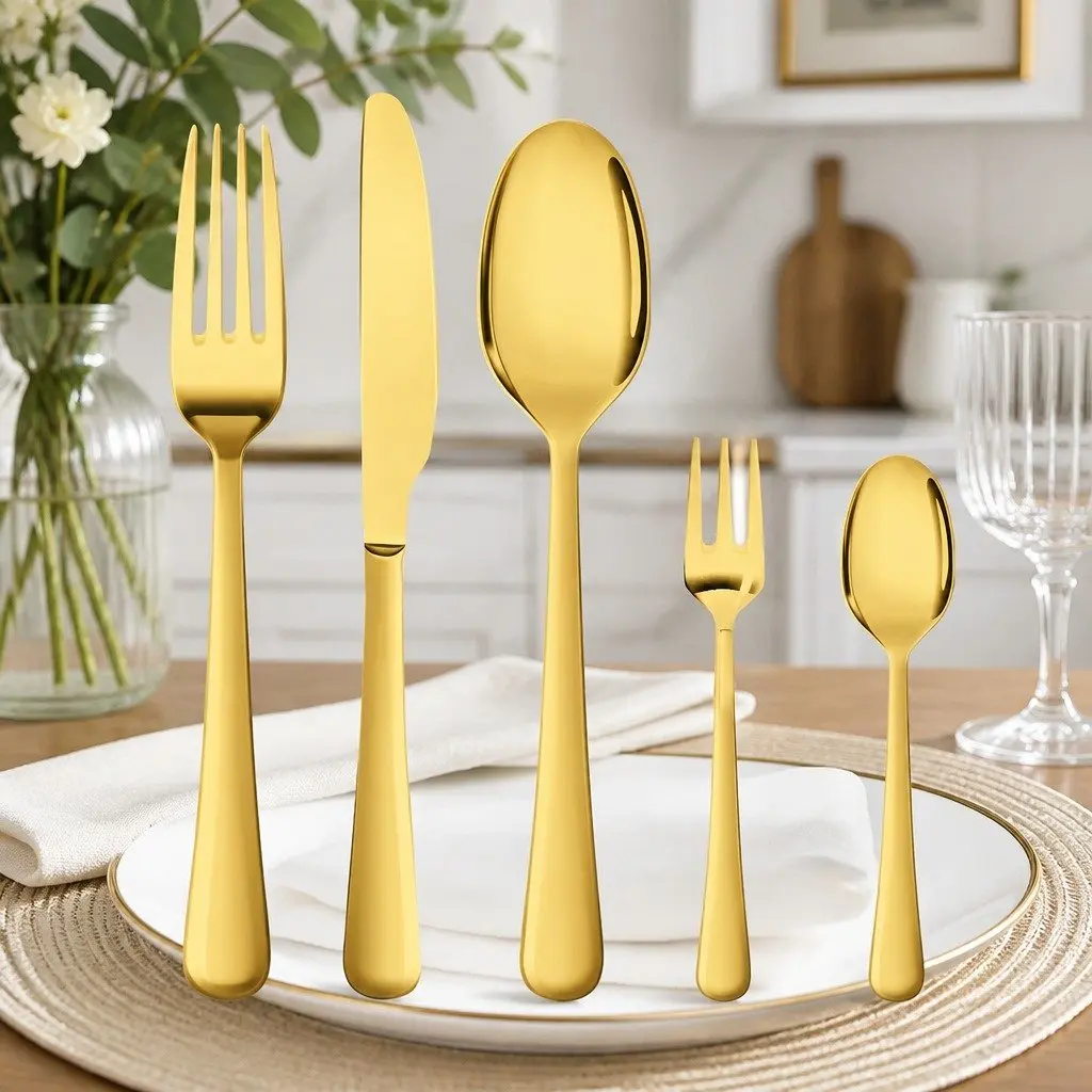30PieceCutlerySetGoldStainlessSteelFlatwareDiningForksKnivesSpoonsMirrorPolishErgonomicHandle