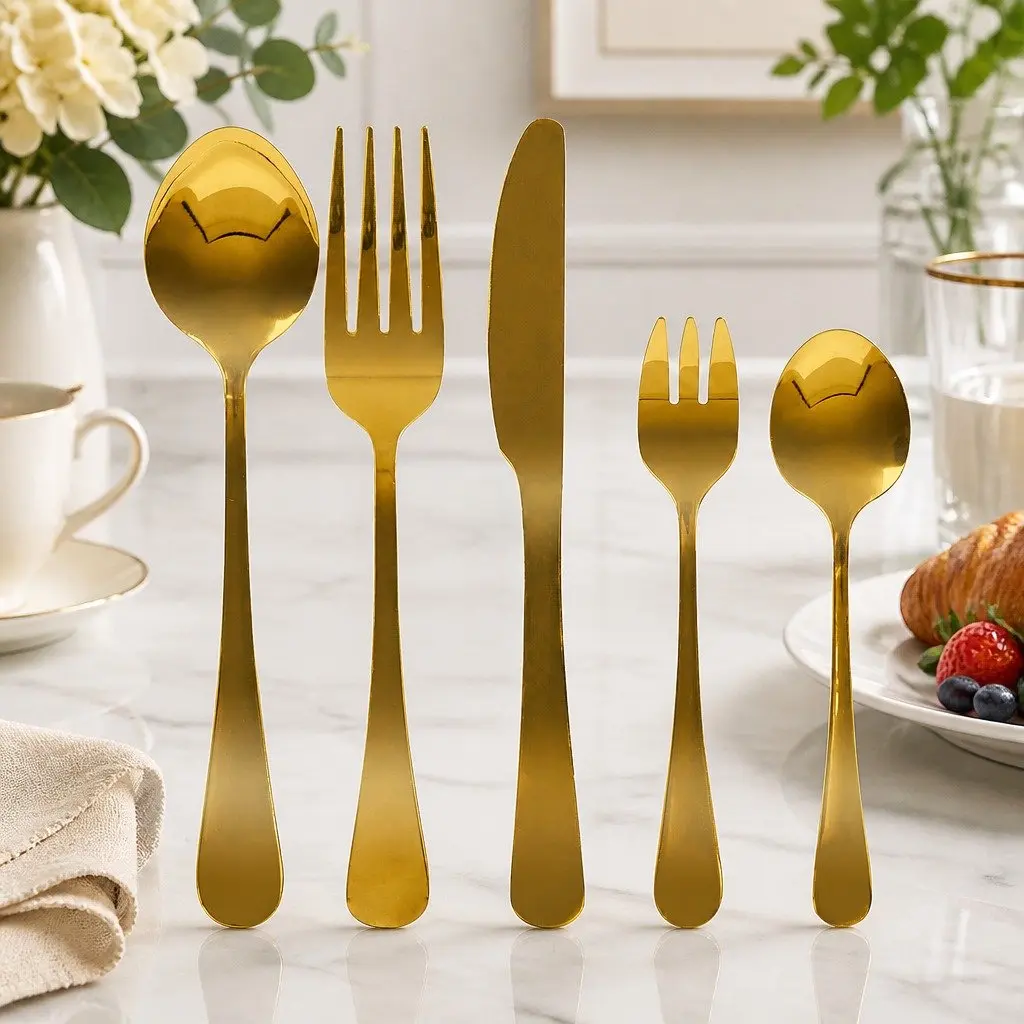 30PieceCutlerySetGoldStainlessSteelFlatwareDiningForksKnivesSpoonsMirrorPolishErgonomicHandle