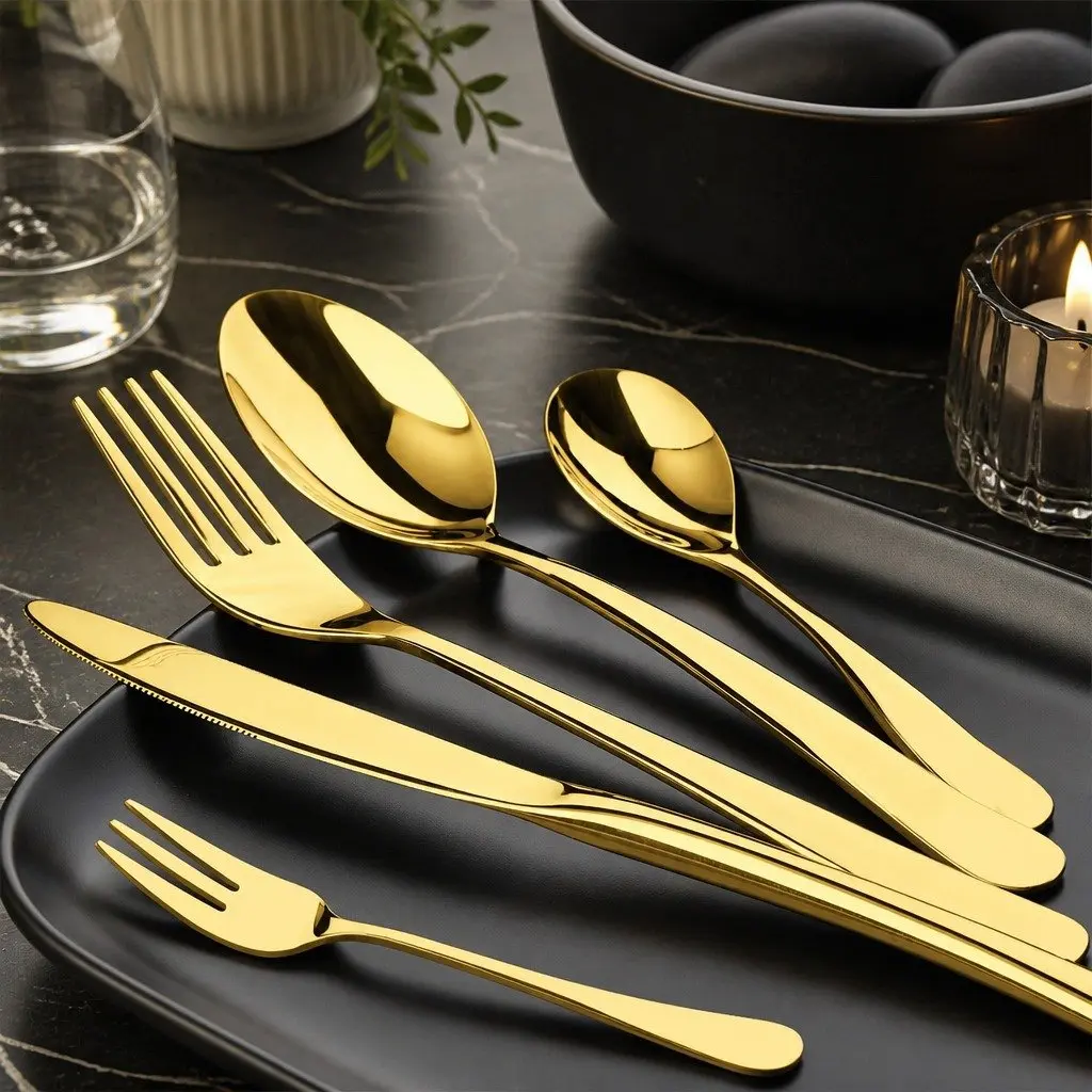 30PieceCutlerySetGoldStainlessSteelFlatwareDiningForksKnivesSpoonsMirrorPolishErgonomicHandle
