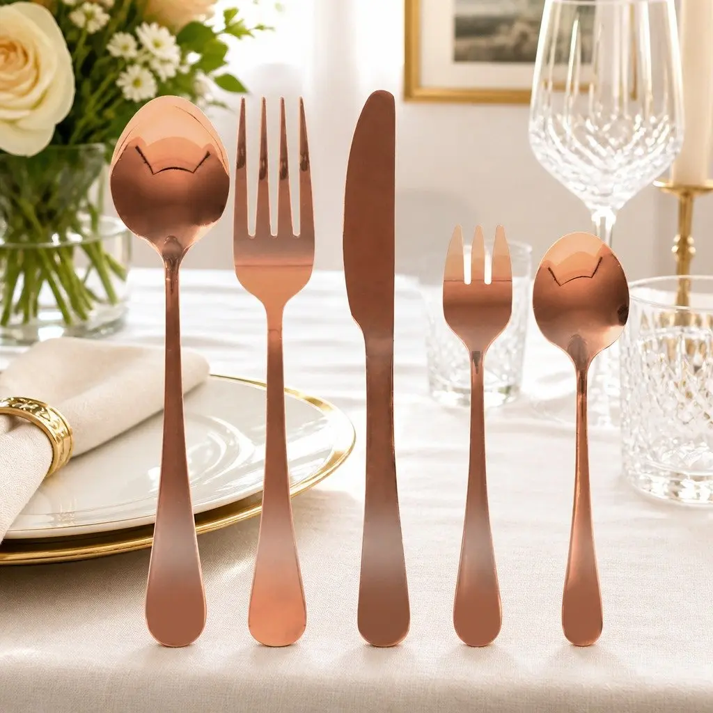 30 Piece Stainless Steel Cutlery Set Rose Gold Mirror Polished Dining Flatware for Six