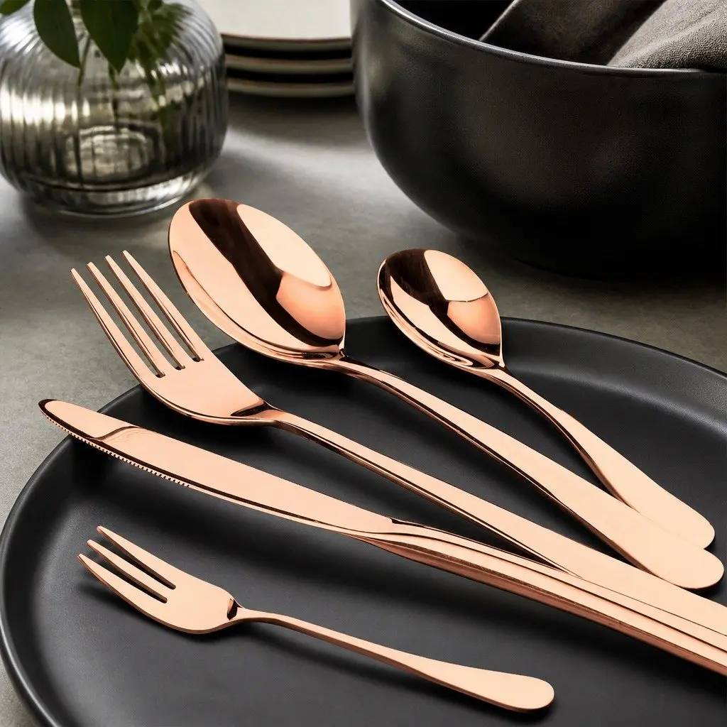30 Piece Stainless Steel Cutlery Set Rose Gold Mirror Polished Dining Flatware for Six