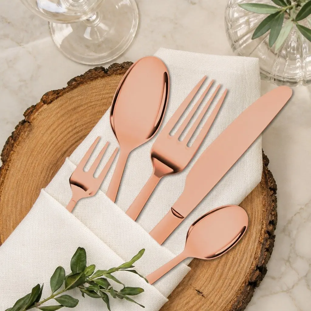 30 Piece Stainless Steel Cutlery Set Rose Gold Mirror Polished Dining Flatware for Six