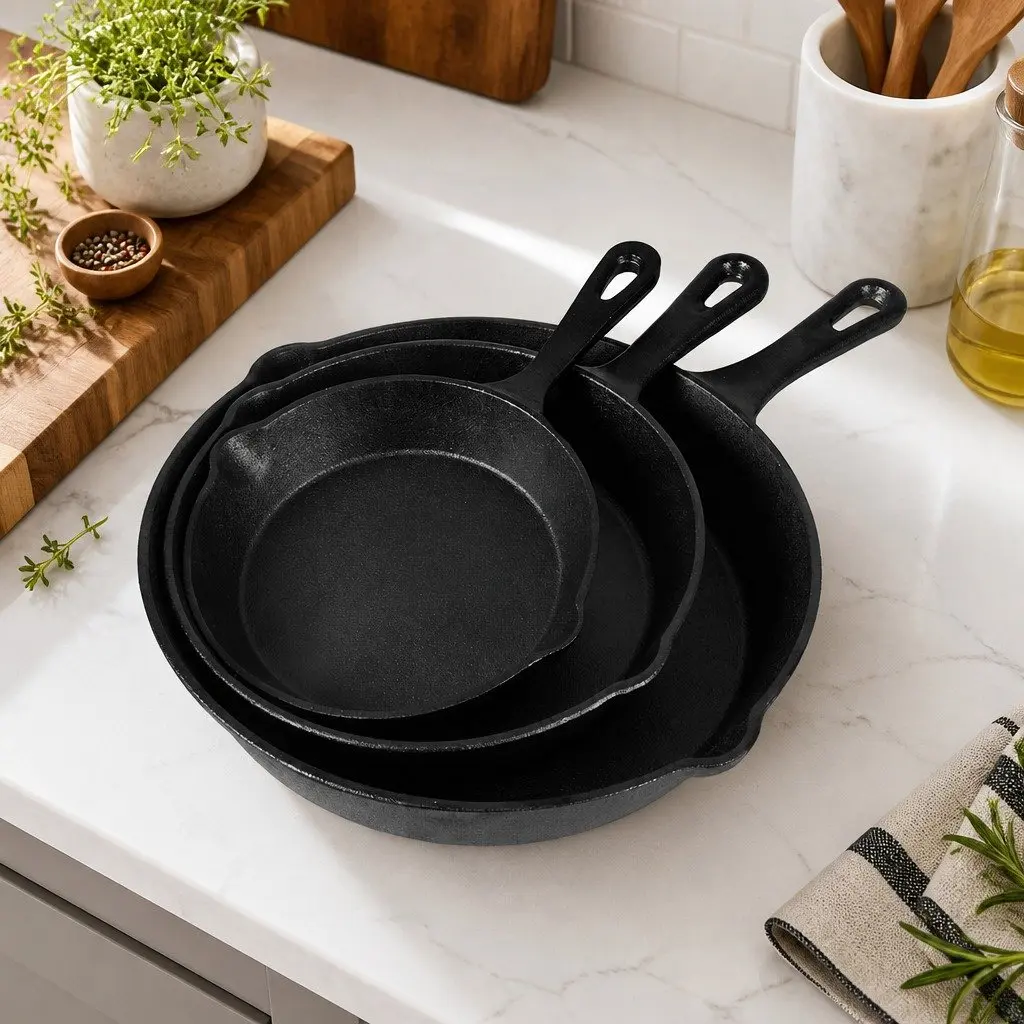 3 Piece Cast Iron Frying Pan Set Non-Stick Black Cookware All Stovetops