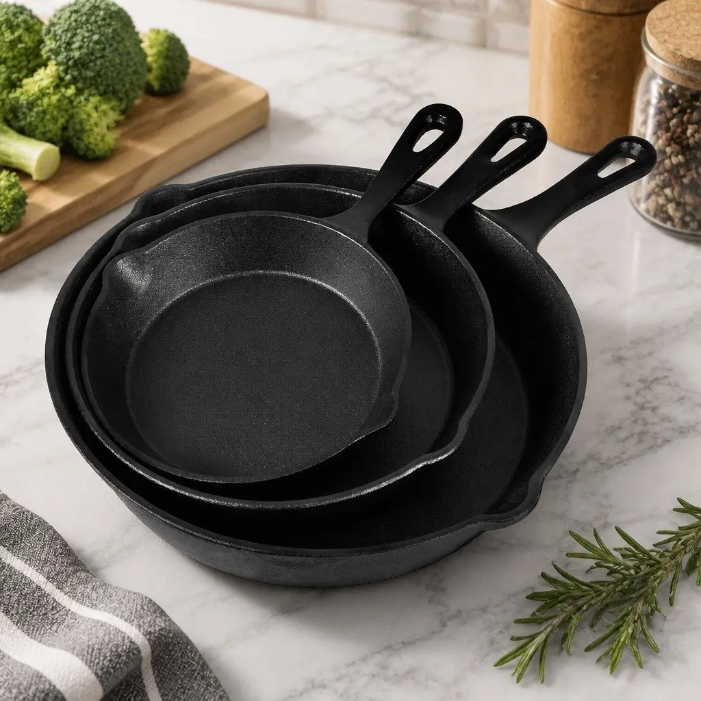 3 Piece Cast Iron Frying Pan Set Non-Stick Black Cookware All Stovetops