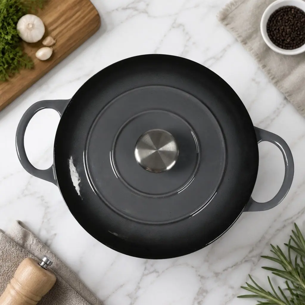 Cast Iron Dutch Oven 4L Black Enamel Coating Stovetop Oven Braising Pot Heavy