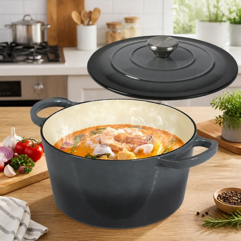 Cast Iron Dutch Oven 4L Black Enamel Coating Stovetop Oven Braising Pot Heavy