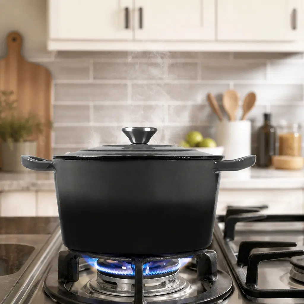 Cast Iron Dutch Oven 4L Black Enamel Coating Stovetop Oven Braising Pot Heavy