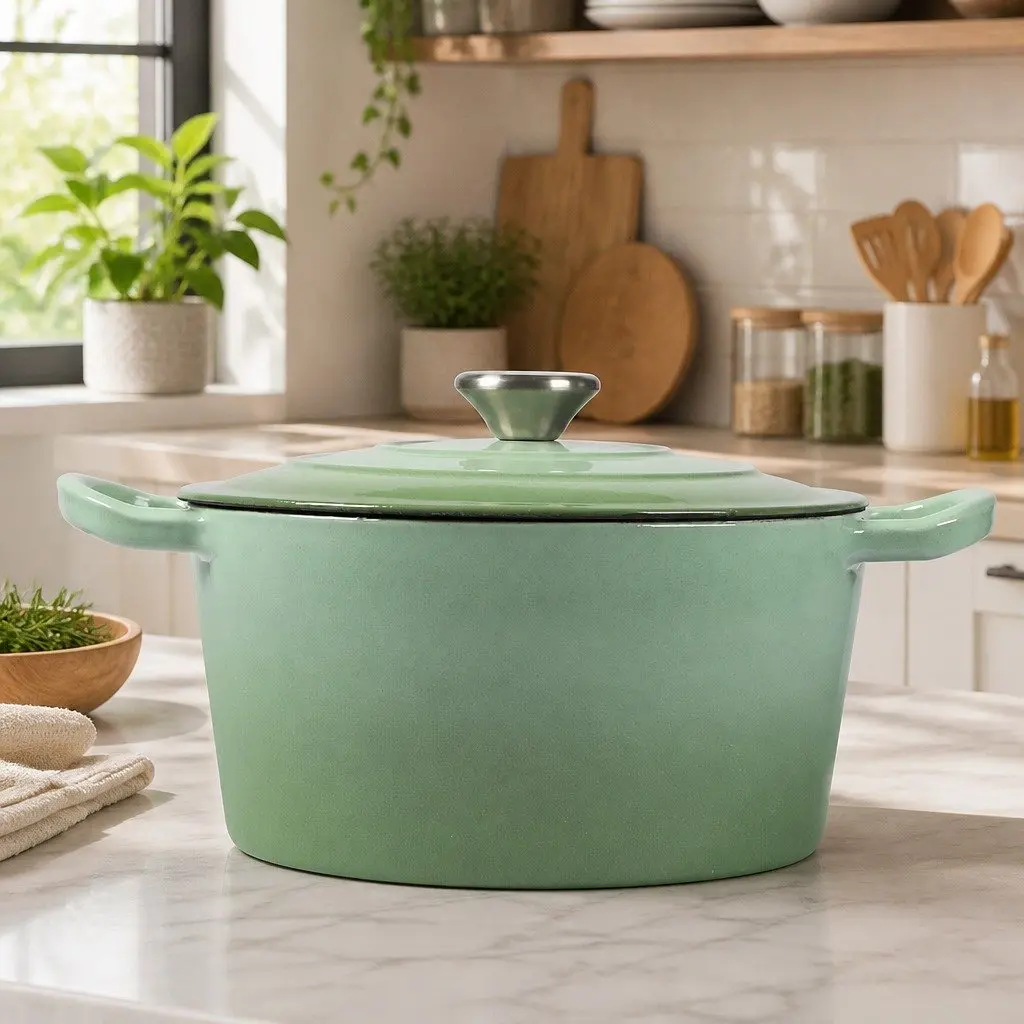 4L Cast Iron Dutch Oven Pot Green Enamel Coating Heavy Duty Stovetop Oven