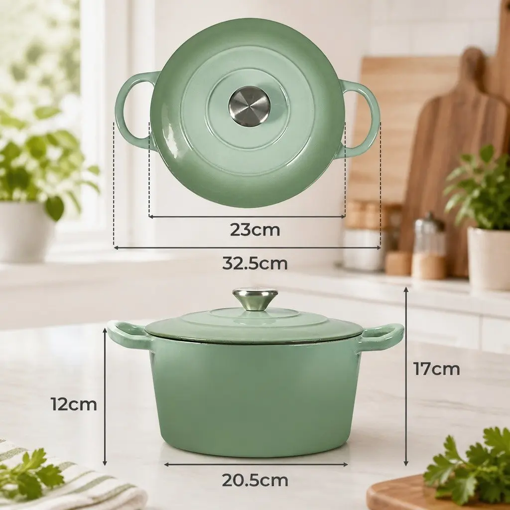4L Cast Iron Dutch Oven Pot Green Enamel Coating Heavy Duty Stovetop Oven