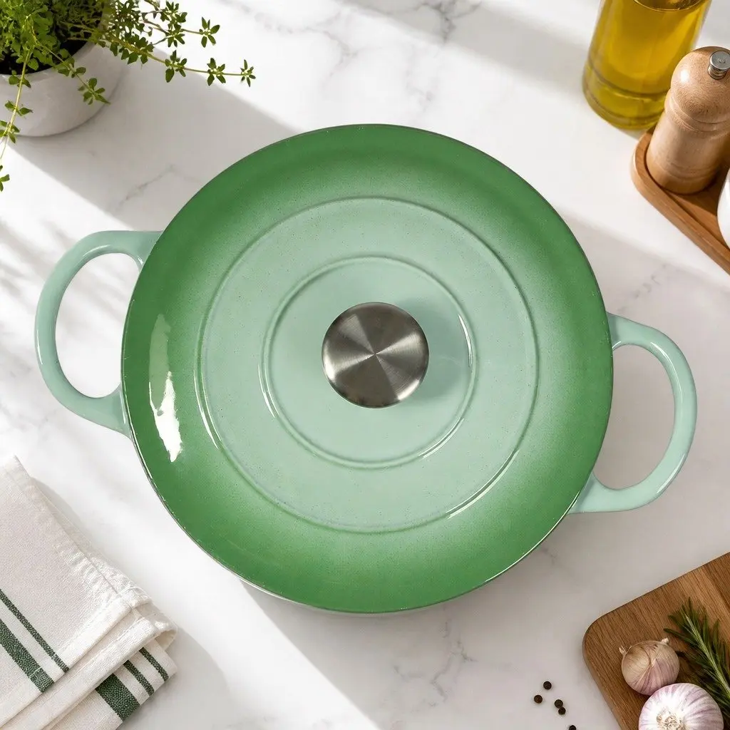 4L Cast Iron Dutch Oven Pot Green Enamel Coating Heavy Duty Stovetop Oven