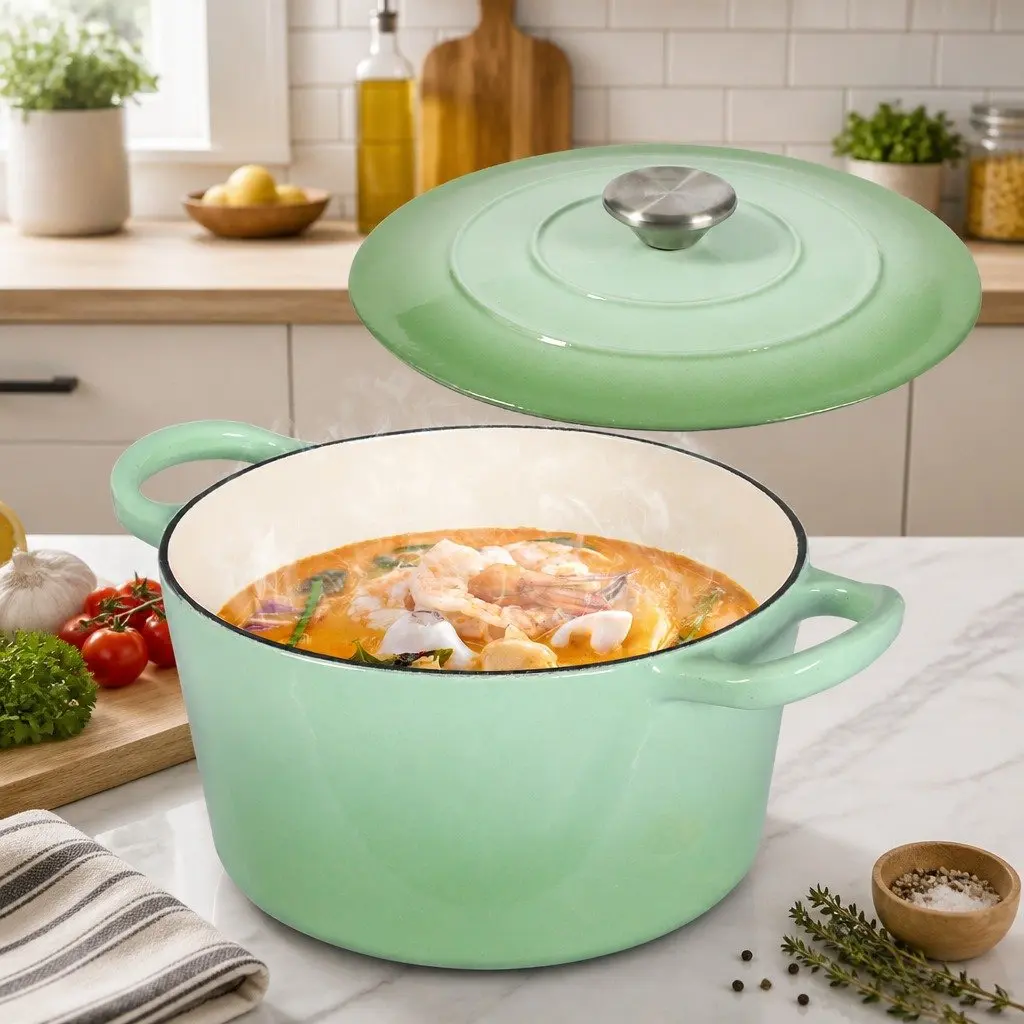 4L Cast Iron Dutch Oven Pot Green Enamel Coating Heavy Duty Stovetop Oven