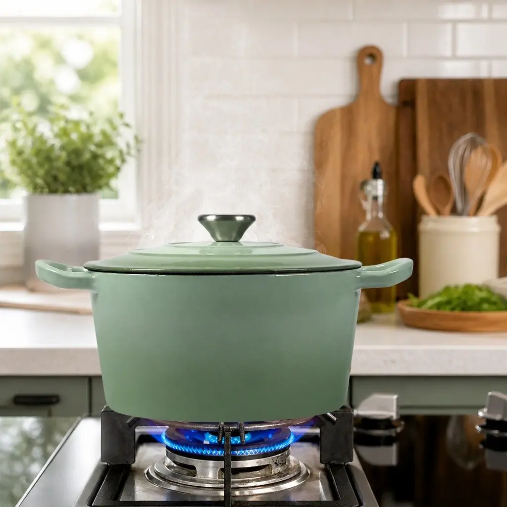 4L Cast Iron Dutch Oven Pot Green Enamel Coating Heavy Duty Stovetop Oven