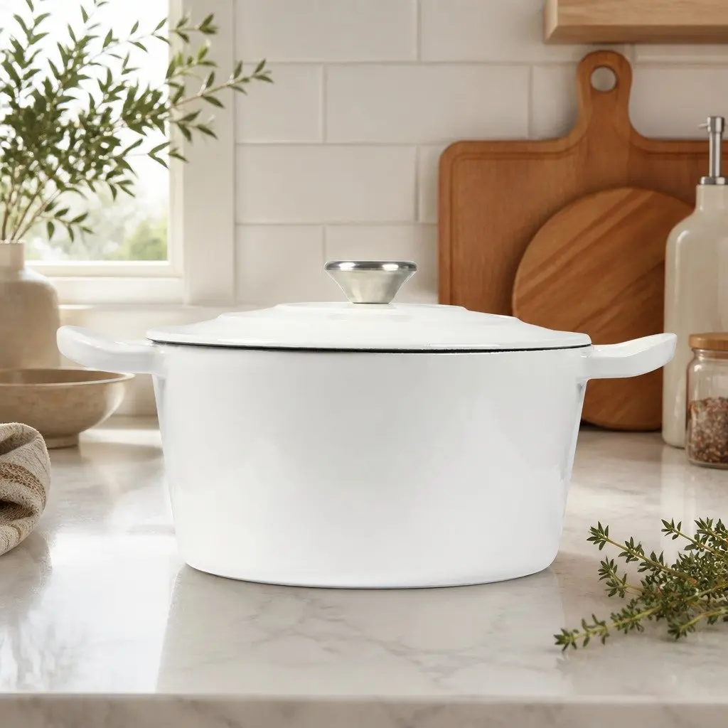 4L Dutch Oven Pot Cast Iron Heavy Duty White Enamel Coating Cookware Stovetop Oven