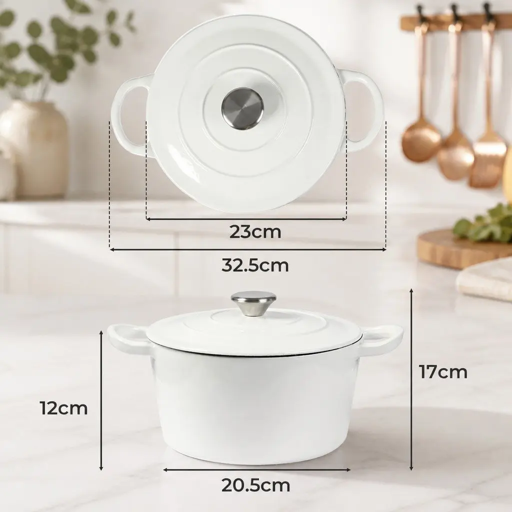 4L Dutch Oven Pot Cast Iron Heavy Duty White Enamel Coating Cookware Stovetop Oven