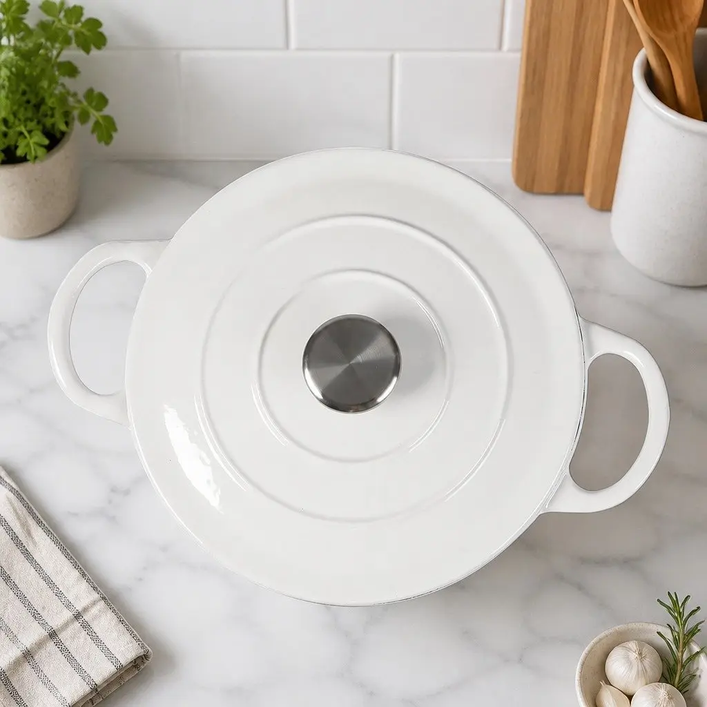 4L Dutch Oven Pot Cast Iron Heavy Duty White Enamel Coating Cookware Stovetop Oven