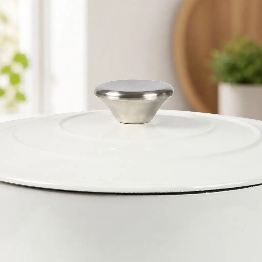 4L Dutch Oven Pot Cast Iron Heavy Duty White Enamel Coating Cookware Stovetop Oven