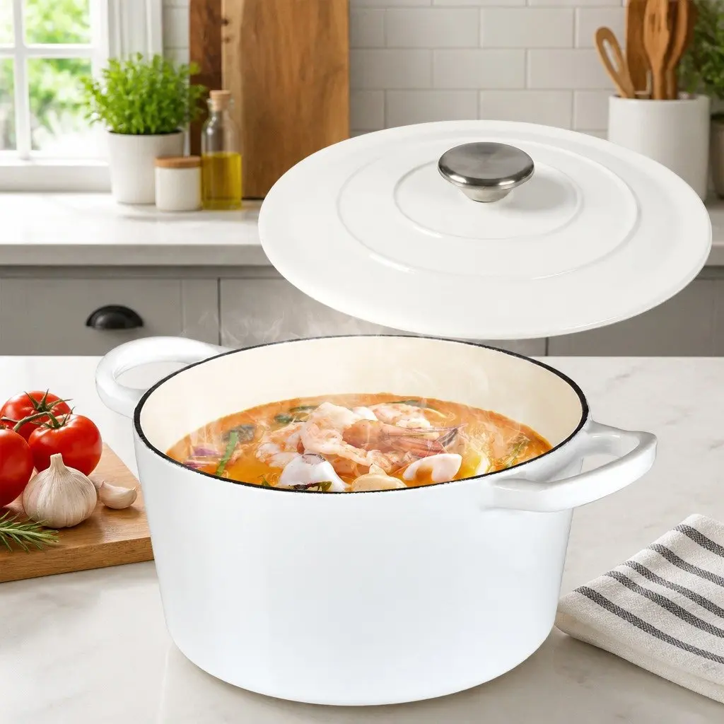 4L Dutch Oven Pot Cast Iron Heavy Duty White Enamel Coating Cookware Stovetop Oven