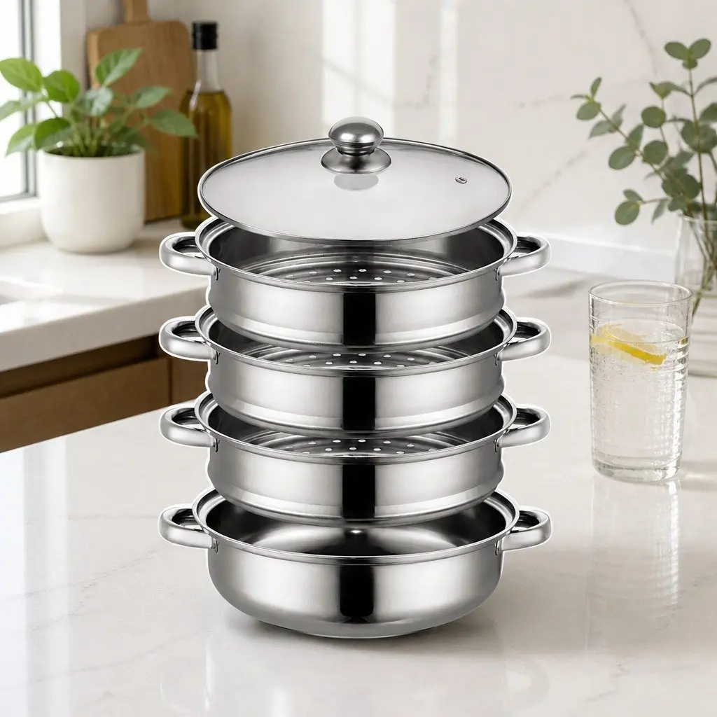 4 Layer Steamer Pot Stainless Steel Silver with Glass Lid for Cooking Vegetables and Meat 27cm Diameter