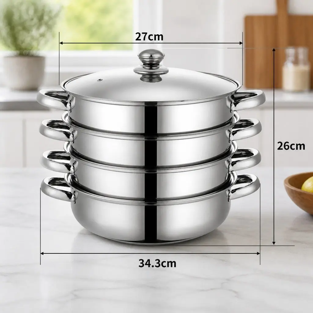 4 Layer Steamer Pot Stainless Steel Silver with Glass Lid for Cooking Vegetables and Meat 27cm Diameter