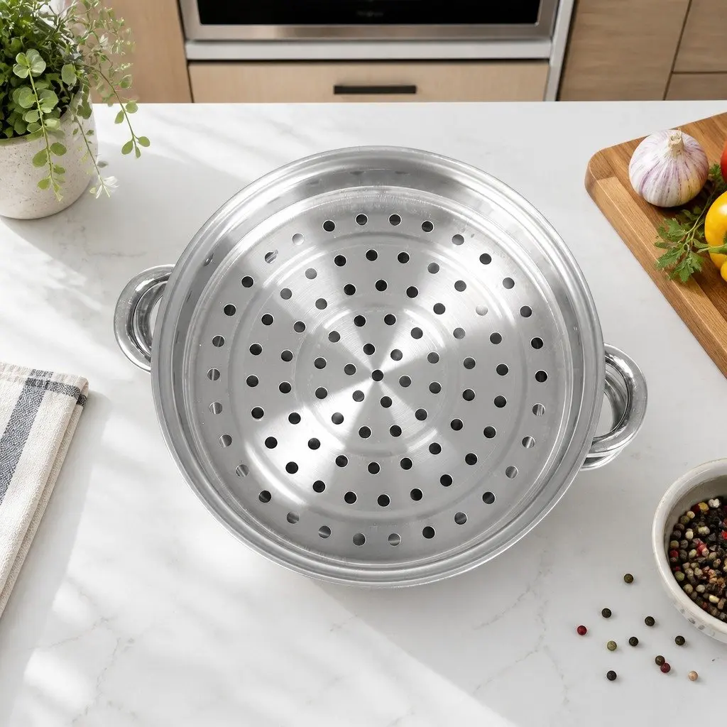 4 Layer Steamer Pot Stainless Steel Silver with Glass Lid for Cooking Vegetables and Meat 27cm Diameter