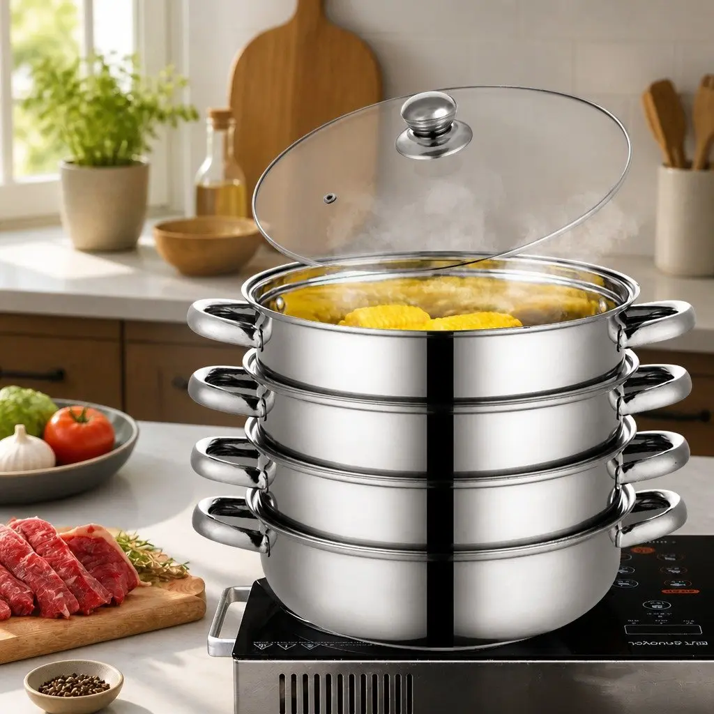 4 Layer Steamer Pot Stainless Steel Silver with Glass Lid for Cooking Vegetables and Meat 27cm Diameter