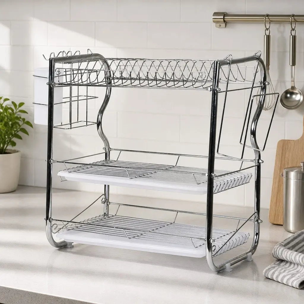 3-Tier Dish Rack Drainer Drying Kitchen Organizer with Side Rack Removable Tray