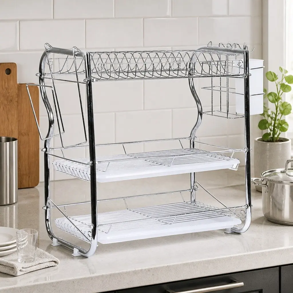 3-Tier Dish Rack Drainer Drying Kitchen Organizer with Side Rack Removable Tray