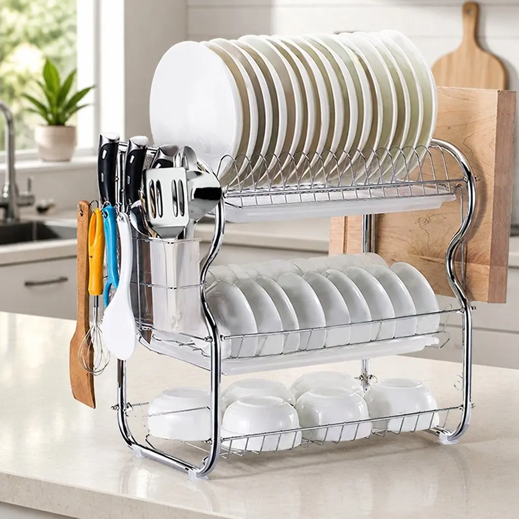 3-Tier Dish Rack Drainer Drying Kitchen Organizer with Side Rack Removable Tray