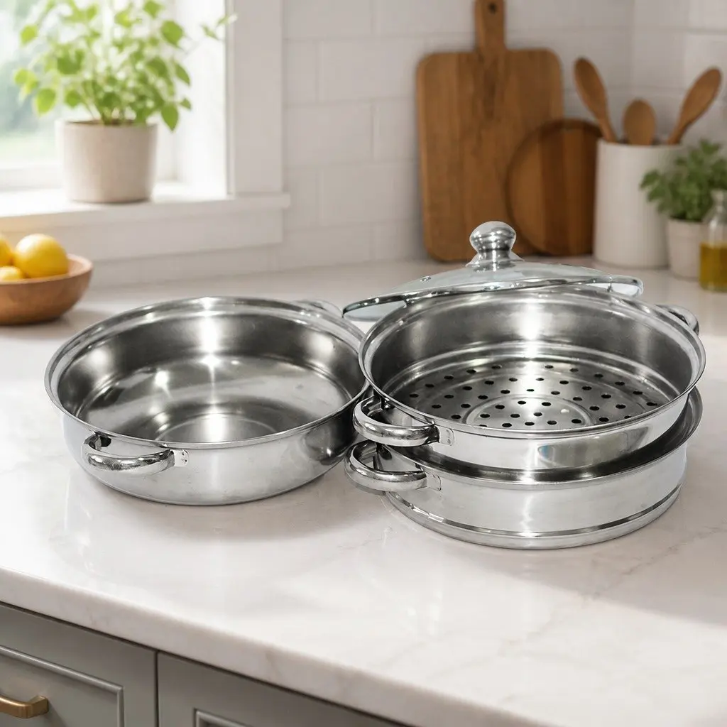 3 Layer Steamer Pot Stainless Steel Glass Lid 27 cm Diameter Silver Cooking for Vegetables and Meat