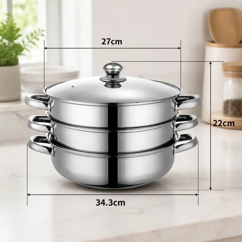 3 Layer Steamer Pot Stainless Steel Glass Lid 27 cm Diameter Silver Cooking for Vegetables and Meat