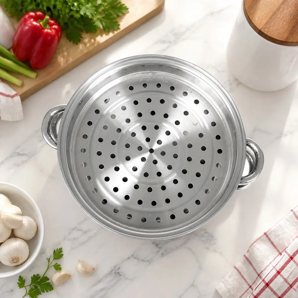 3 Layer Steamer Pot Stainless Steel Glass Lid 27 cm Diameter Silver Cooking for Vegetables and Meat