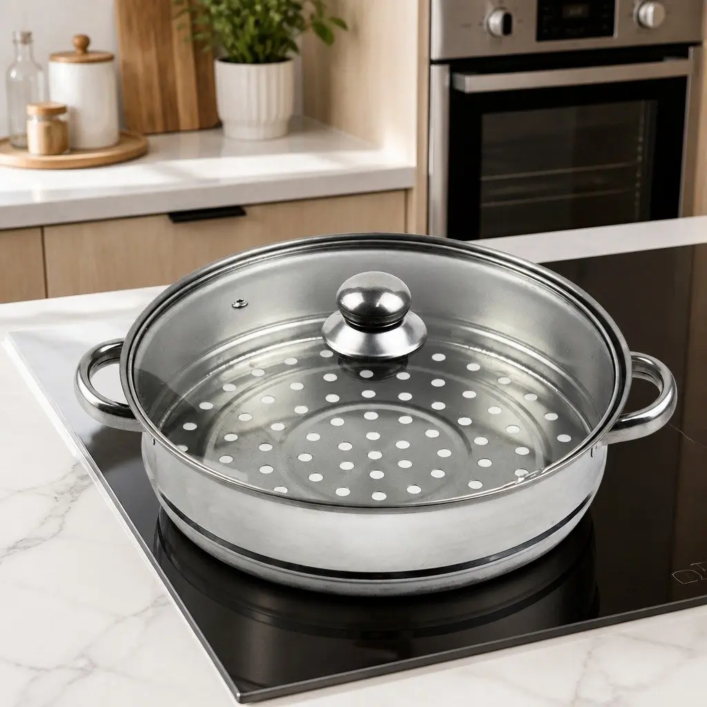3 Layer Steamer Pot Stainless Steel Glass Lid 27 cm Diameter Silver Cooking for Vegetables and Meat
