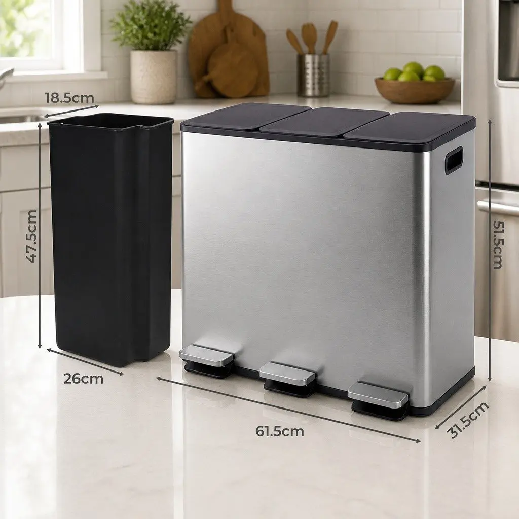 3 Compartment Pedal Rubbish Bin Stainless Steel 54L Metallic Silver
