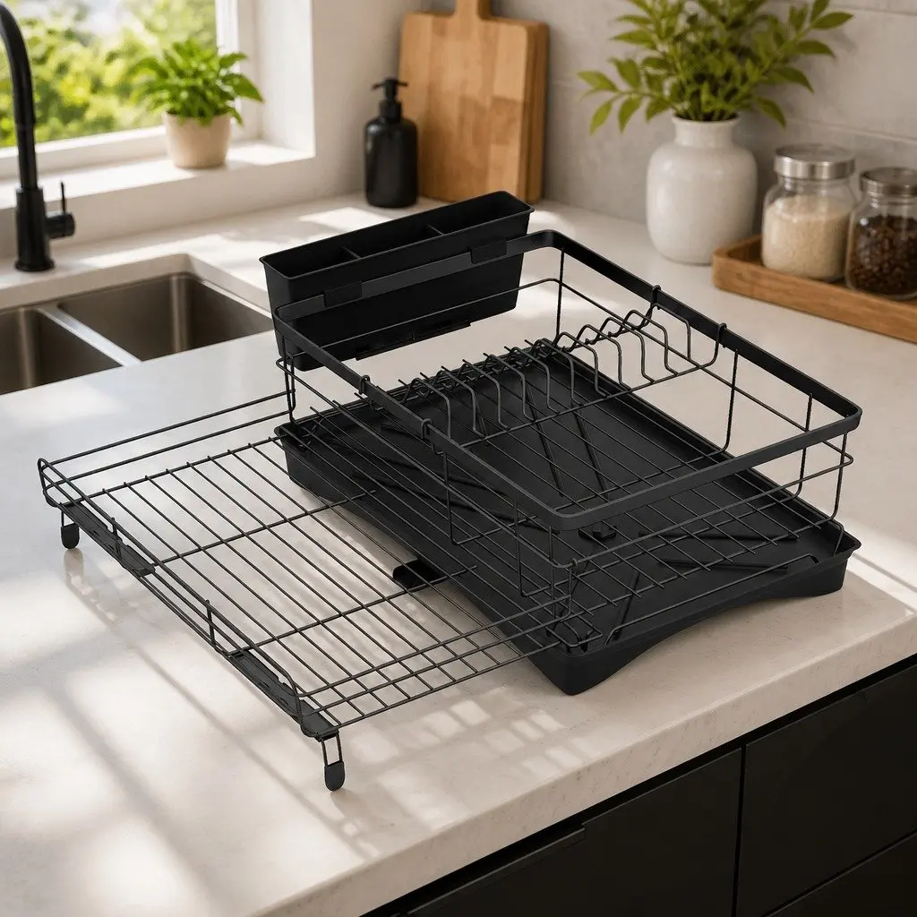 Expandable Dish Drying Rack Drain Bowl Holder Kitchen Countertop Space Saving