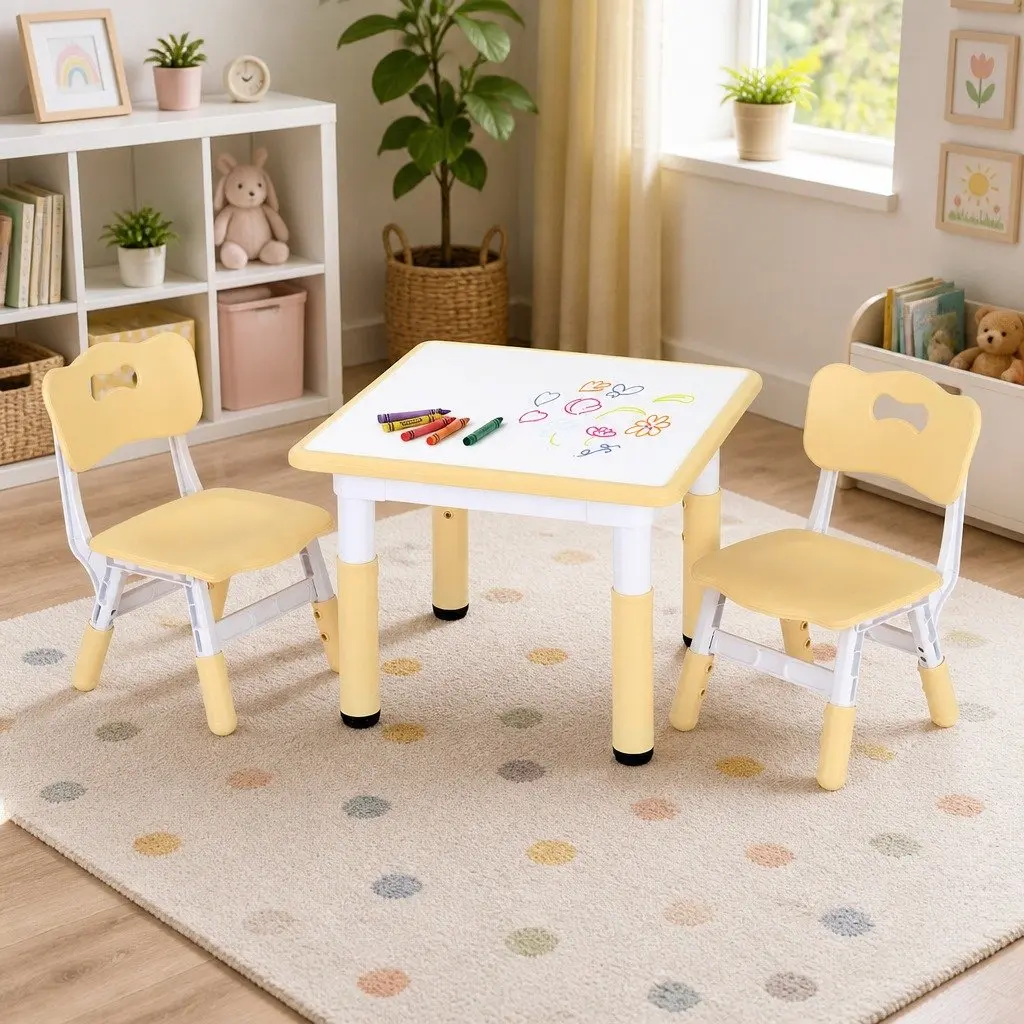 Kids Table and Chairs Set Height Adjustable Activity Desk Graffiti 60cm White or Natural