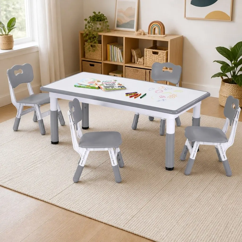 Kids Table and 4 Chairs Set Adjustable Height Draw-on Tabletop Grey or White