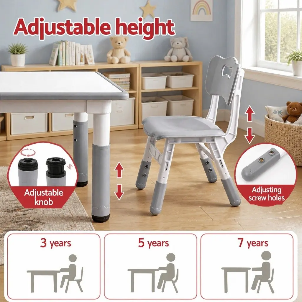 Kids Table and 4 Chairs Set Adjustable Height Draw-on Tabletop Grey or White