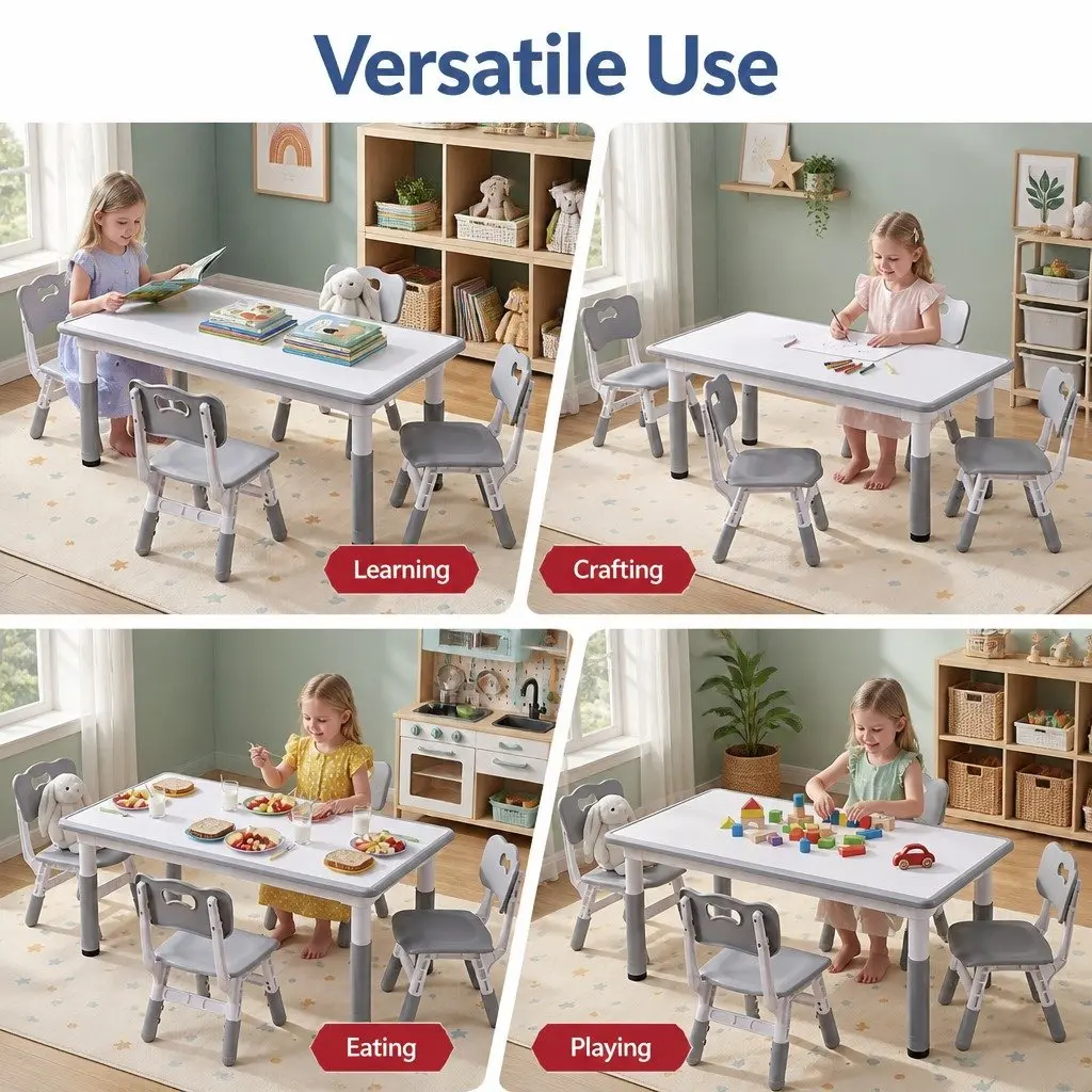 Kids Table and 4 Chairs Set Adjustable Height Draw-on Tabletop Grey or White