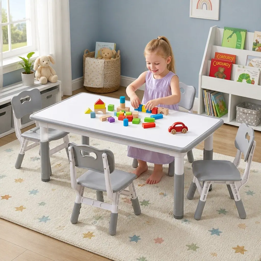 Kids Table and 4 Chairs Set Adjustable Height Draw-on Tabletop Grey or White