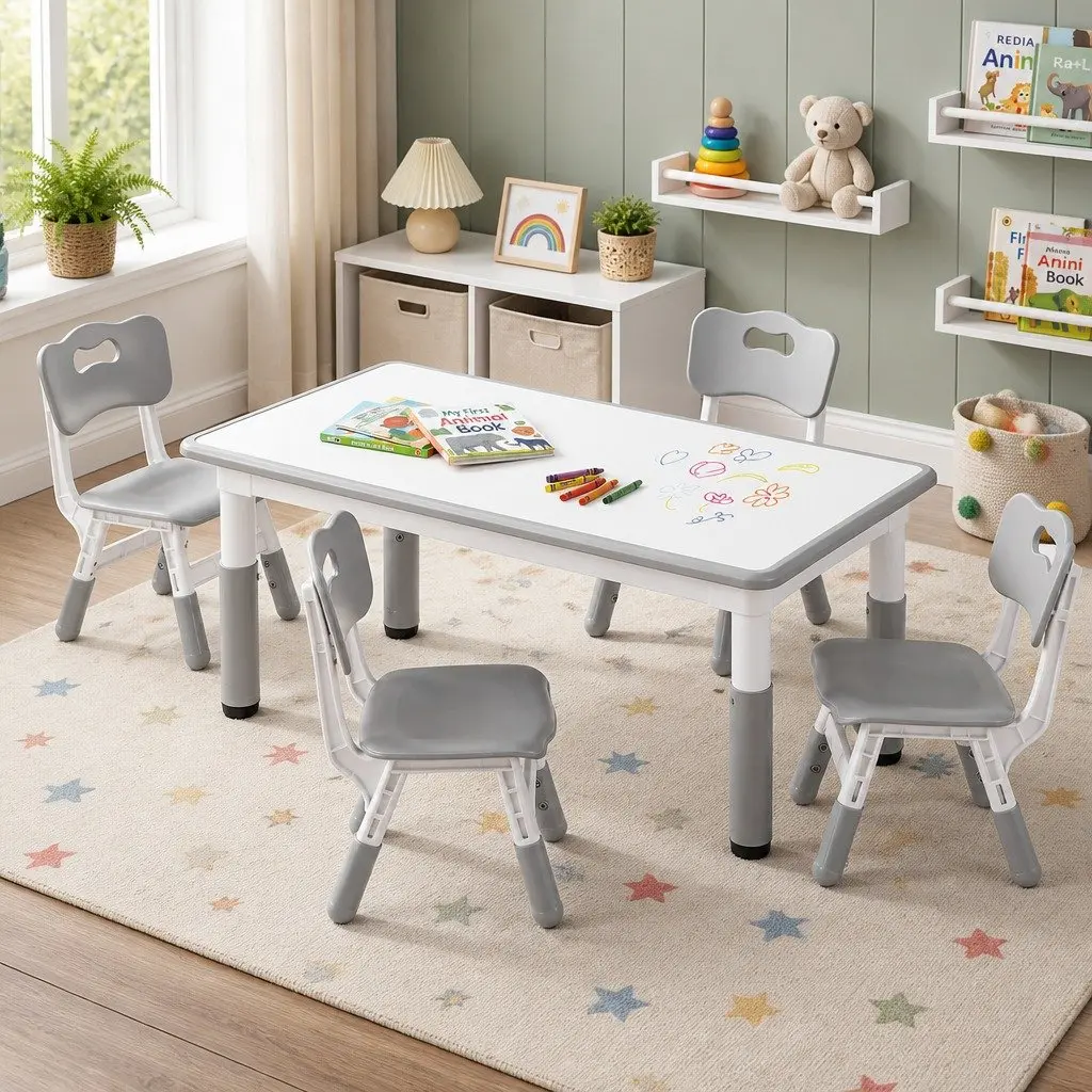Kids Table and 4 Chairs Set Adjustable Height Draw-on Tabletop Grey or White