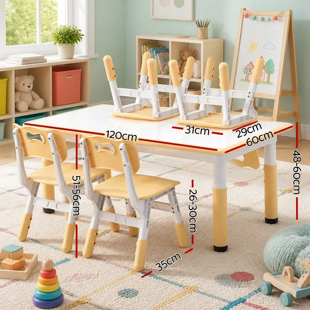 Kids Table and 4 Chairs Set Adjustable Height Activity Desk Drawing Toddler White or Yellow