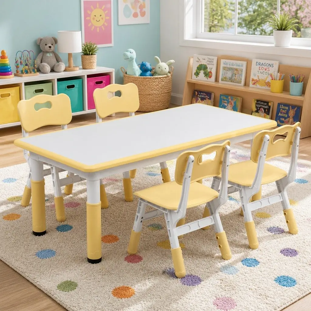 Kids Table and 4 Chairs Set Adjustable Height Activity Desk Drawing Toddler White or Yellow