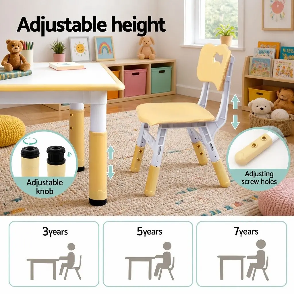 Kids Table and 4 Chairs Set Adjustable Height Activity Desk Drawing Toddler White or Yellow