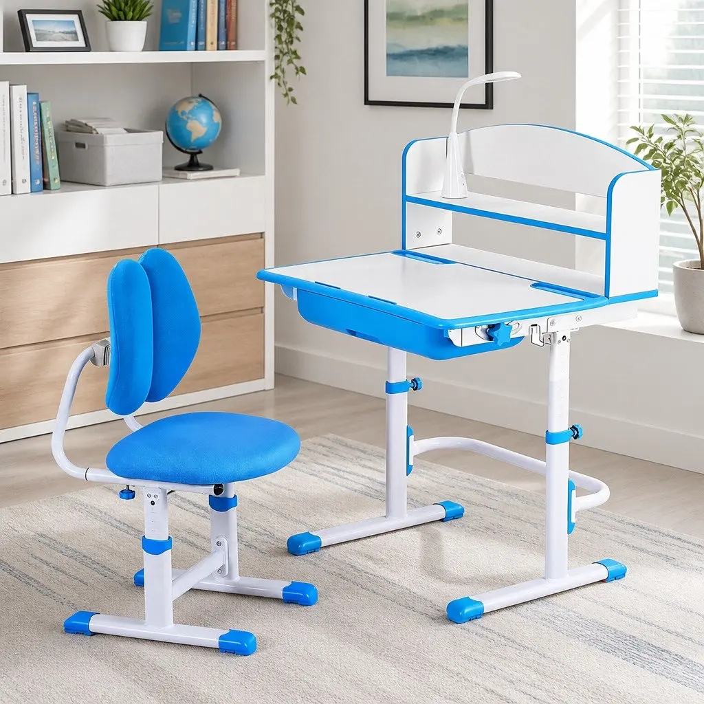Height Adjustable Kids Desk and Chair Set Ergonomic Blue with Tiltable Desktop and LED Lamp