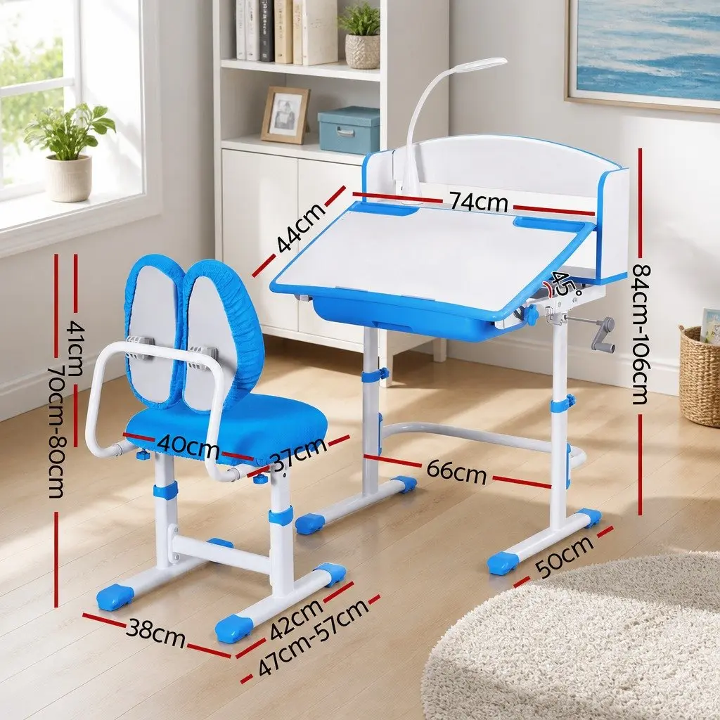 Height Adjustable Kids Desk and Chair Set Ergonomic Blue with Tiltable Desktop and LED Lamp