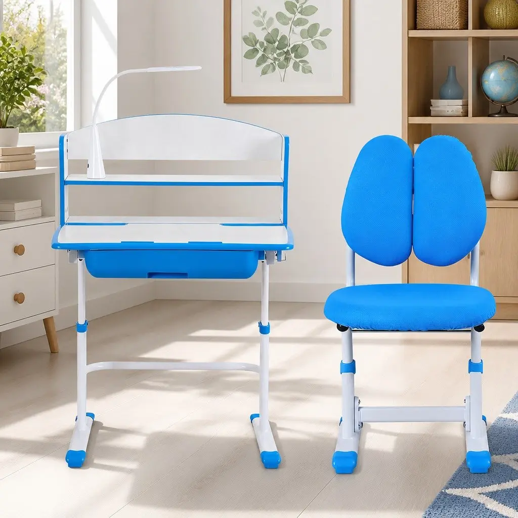 Height Adjustable Kids Desk and Chair Set Ergonomic Blue with Tiltable Desktop and LED Lamp