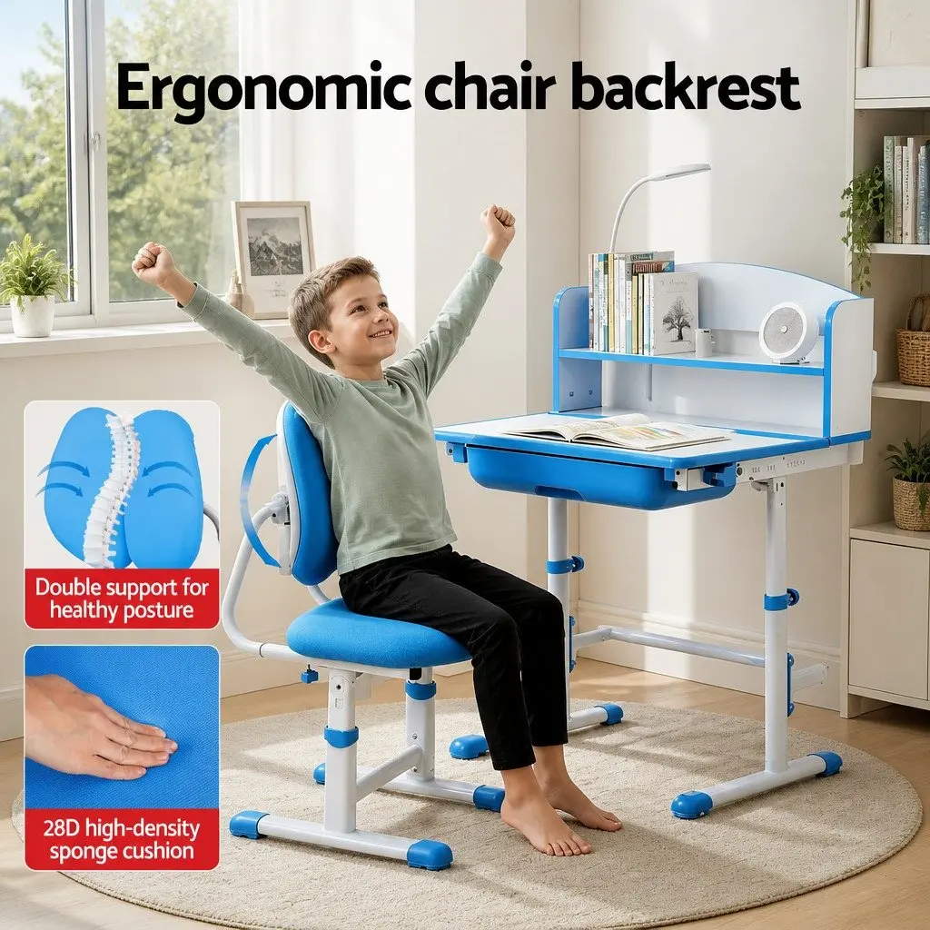 Height Adjustable Kids Desk and Chair Set Ergonomic Blue with Tiltable Desktop and LED Lamp